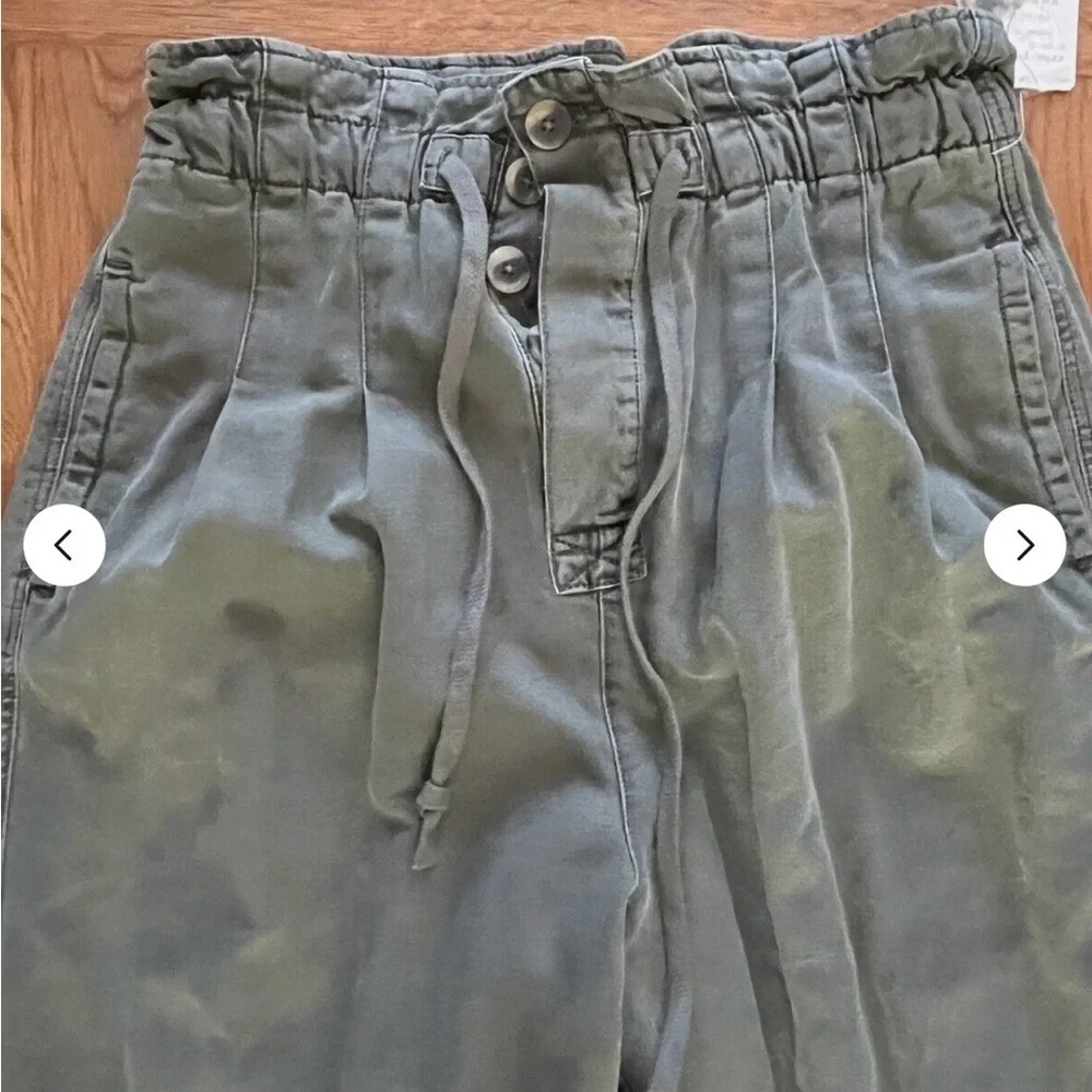 Free People Paper Bag High Waist Pants Women's L Green Cotton Blend Drawstring